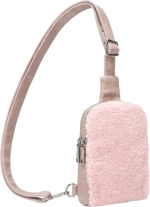 INICAT Fleece Fanny Packs Sherpa Purse Small Crossbody Sling Bags Mini Chest Bag Fashion Waist Pouch for Workout Running Travel Hiking(05Sherpa Fleece-Pink)