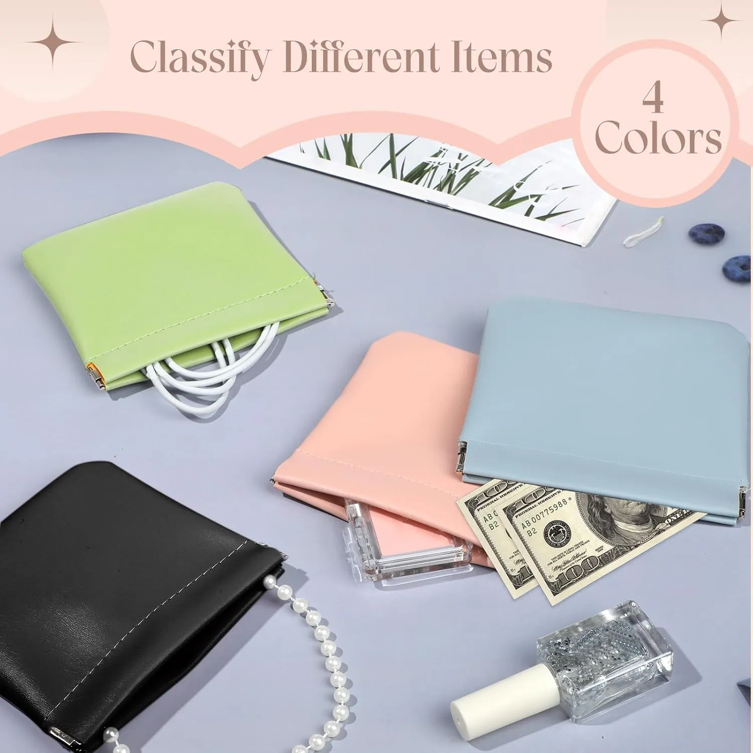 ISKYBOB 4PCS Small Makeup Bag for Purse, Portable Lambskin Pocket Cosmetic Bag Squeeze Top Coin Purse for Women Snap Closure Organizer Pouch Mini Self-Closing Lipstick Pouchic for Travel (Summer)