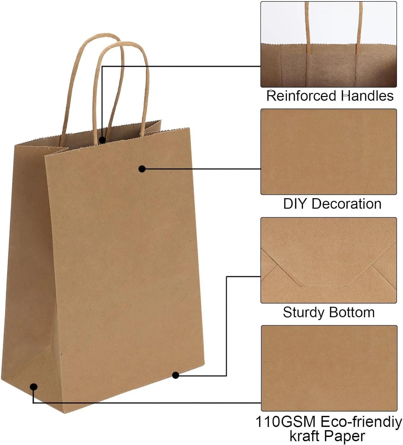 Joybe 50 Pack 6x3.25x8 Inch Small Brown Paper Bags with Handles Bulk, Kraft Paper Gift Bags for Birthday Party Favors Grocery Retail Shopping Business Goody Craft Sacks (Blank Plain Natural, 50pcs)