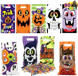 JOYIN 90 Pcs Halloween Treat Bags, Halloween Plastic Goodie Bags with 9 Character Designs, Halloween Candy Bags for Kids Trick-or-Treating, Halloween Party Favors, Halloween Treats and Gift