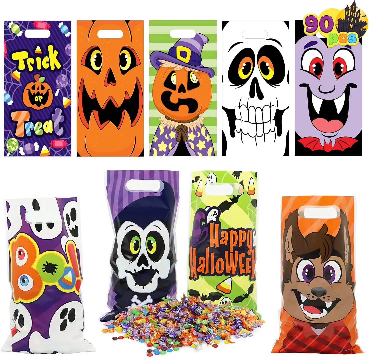 JOYIN 90 Pcs Halloween Treat Bags, Halloween Plastic Goodie Bags with 9 Character Designs, Halloween Candy Bags for Kids Trick-or-Treating, Halloween Party Favors, Halloween Treats and Gift