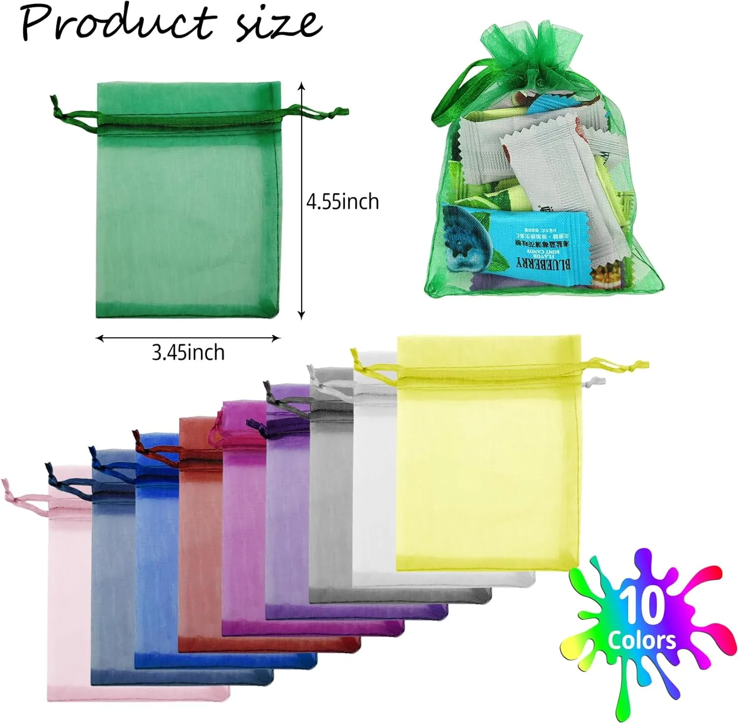 JUNSDUKE 10 Pcs Small Gift Bags, Mix Color Organza Bags 3x4 Inches, Mesh Drawstring Bag for Wedding, Party, Christmas, Jewelry, Candy (10)