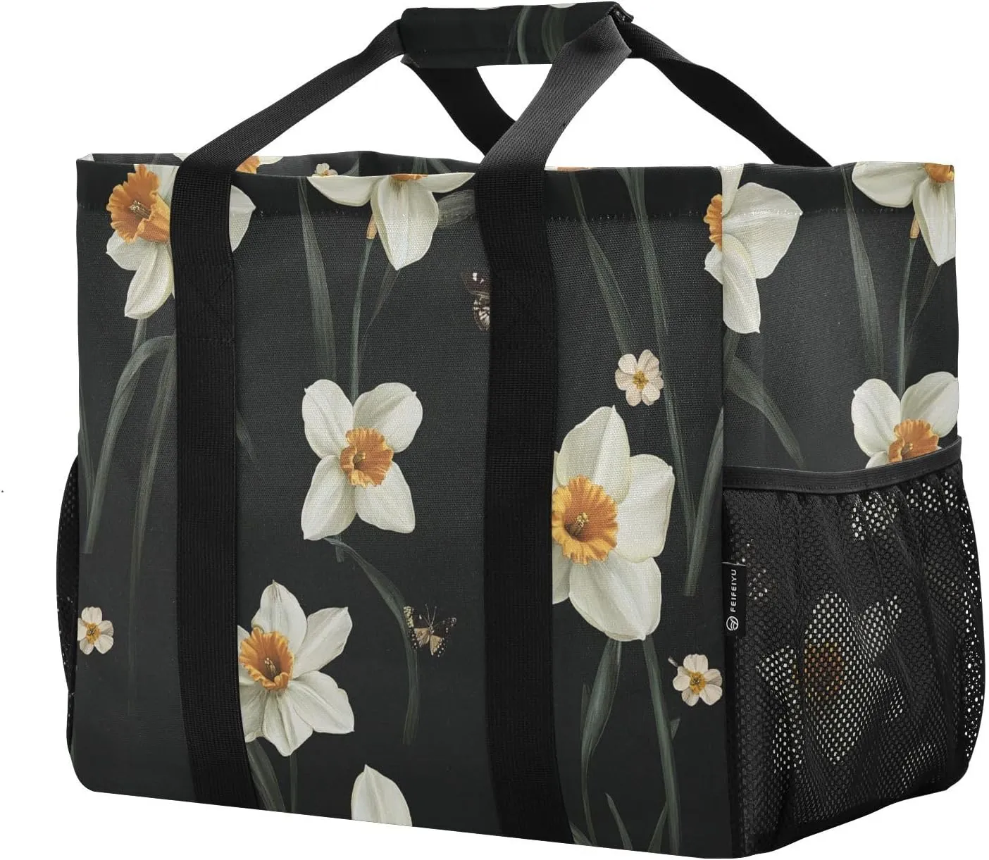 JUNZAN Daffodils Black Utility Totes Foldable Beach Tote Water Resistant Grocery Bags Reusable with Handles Laundry Bag Tote