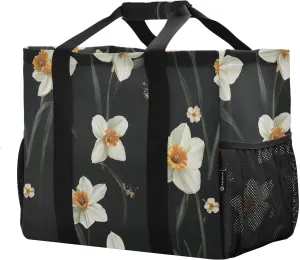 JUNZAN Daffodils Black Utility Totes Foldable Beach Tote Water Resistant Grocery Bags Reusable with Handles Laundry Bag Tote