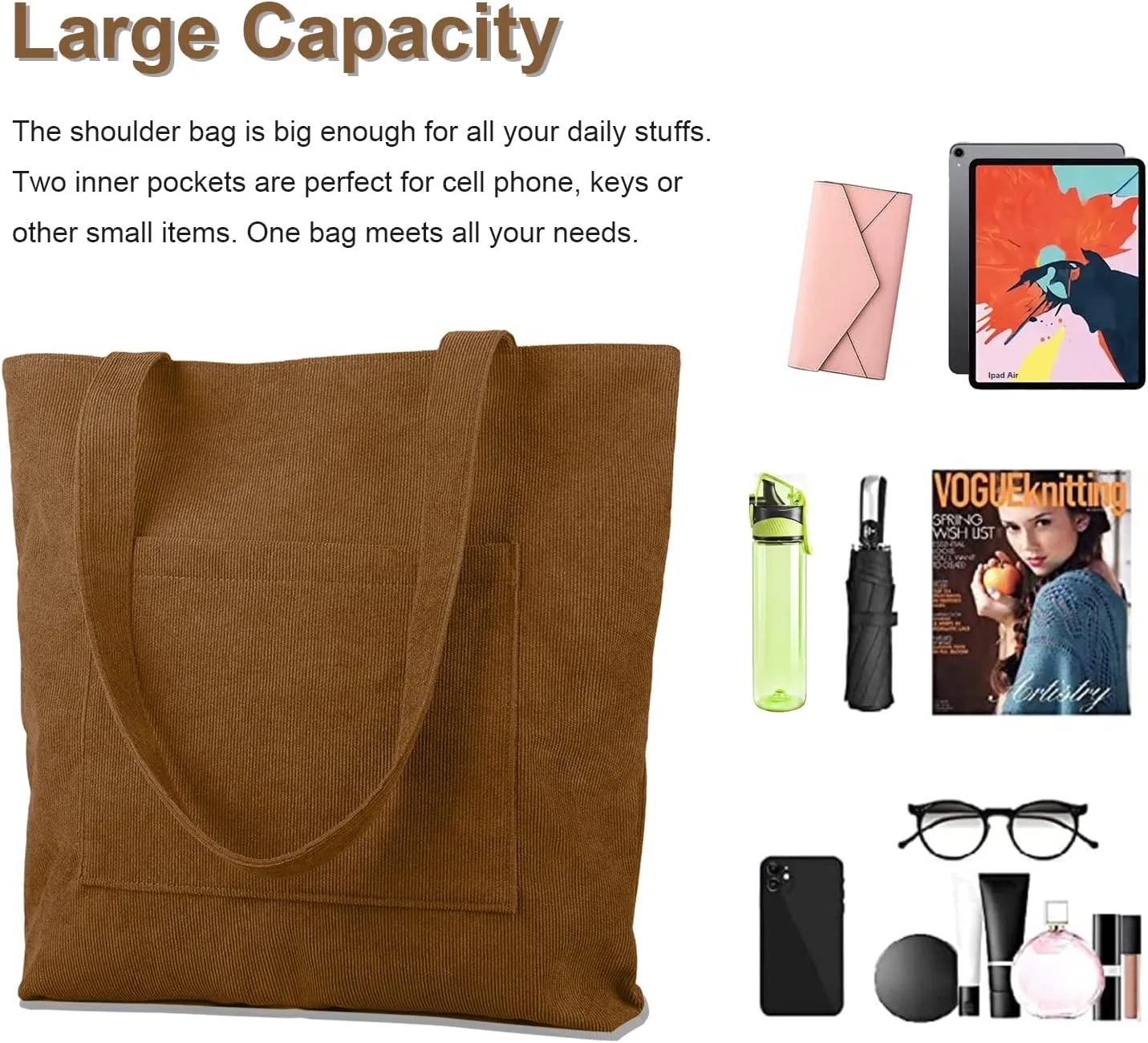 Kememo Corduroy Tote Bag with Zip, Shoulder Bag Women's Hobos Handbags Large Capacity Shopping Bag with Inner Pocket