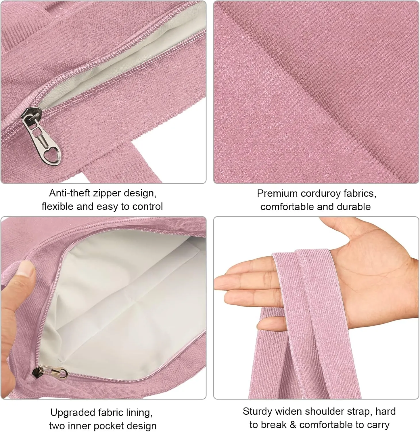 Kememo Corduroy Tote Bag with Zip, Shoulder Bag Women's Hobos Handbags Large Capacity Shopping Bag with Inner Pocket