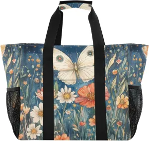 Kigai Butterfly Flowers Reusable Grocery Bag with Handles Waterproof Foldable Extra Large Tote Shopping Bag Standing Organizer for Picnics, Beach, Pool, Laundry, Car, Camping
