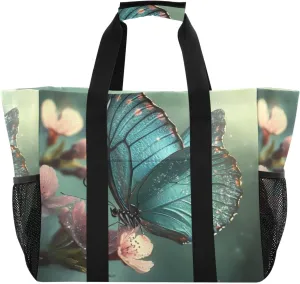 Kigai Butterfly Flowers Reusable Grocery Bag with Handles Waterproof Foldable Extra Large Tote Shopping Bag Standing Organizer for Picnics, Beach, Pool, Laundry, Car, Camping