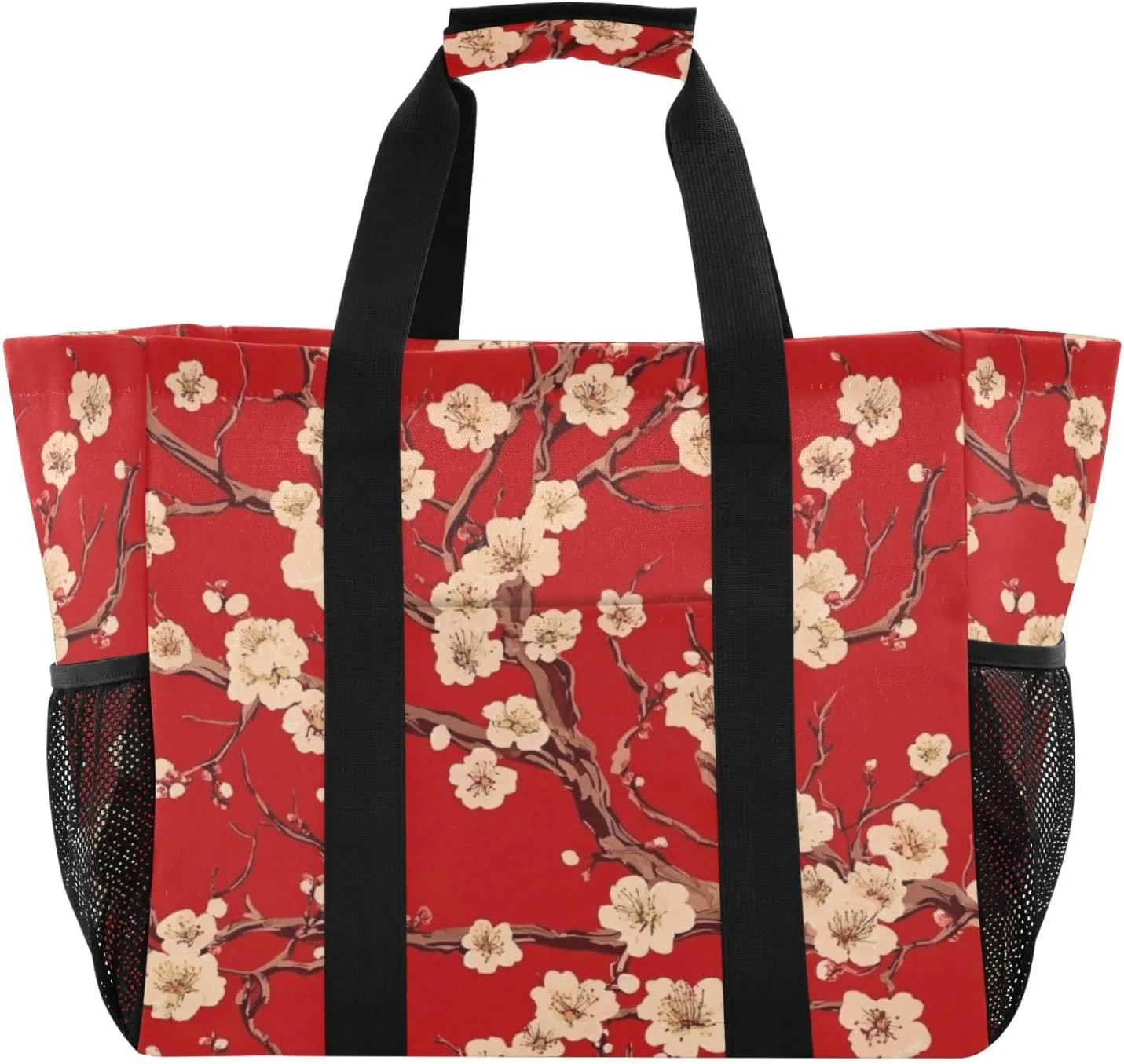Kigai Pink Peach Flowers Reusable Grocery Bag with Handles Waterproof Foldable Extra Large Tote Shopping Bag Standing Organizer for Picnics, Beach, Pool, Laundry, Car, Camping