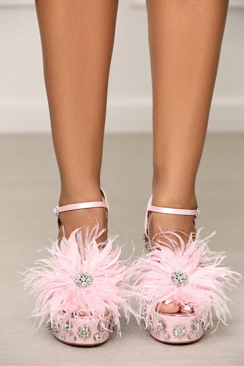Kiki Jeweled Feather Platform Heels (Pink)- FINALSALE