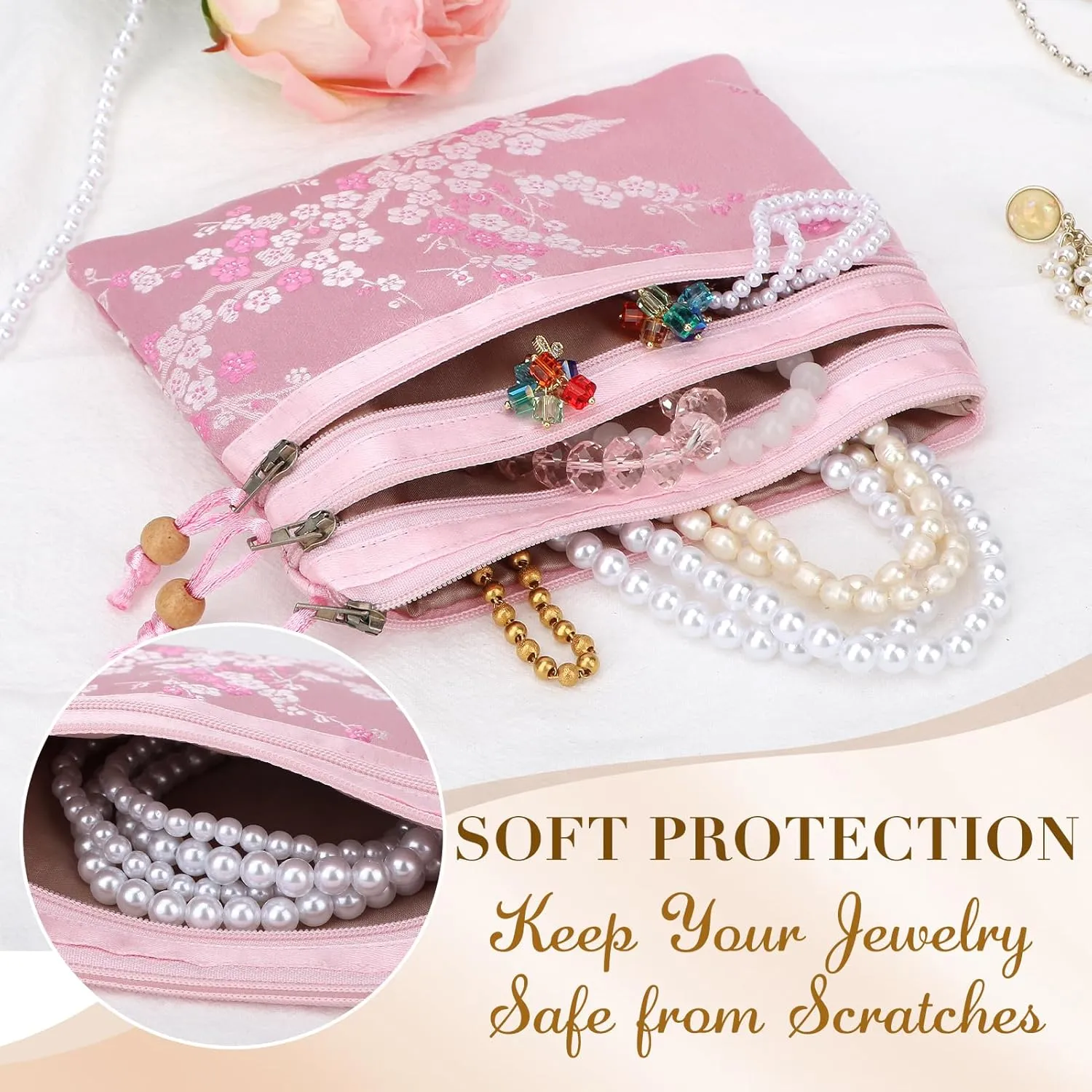 kilofly 2 pc Chinese Silk Brocade 3 Zipper Pocket Tassel Jewelry Bag Gift Pouch