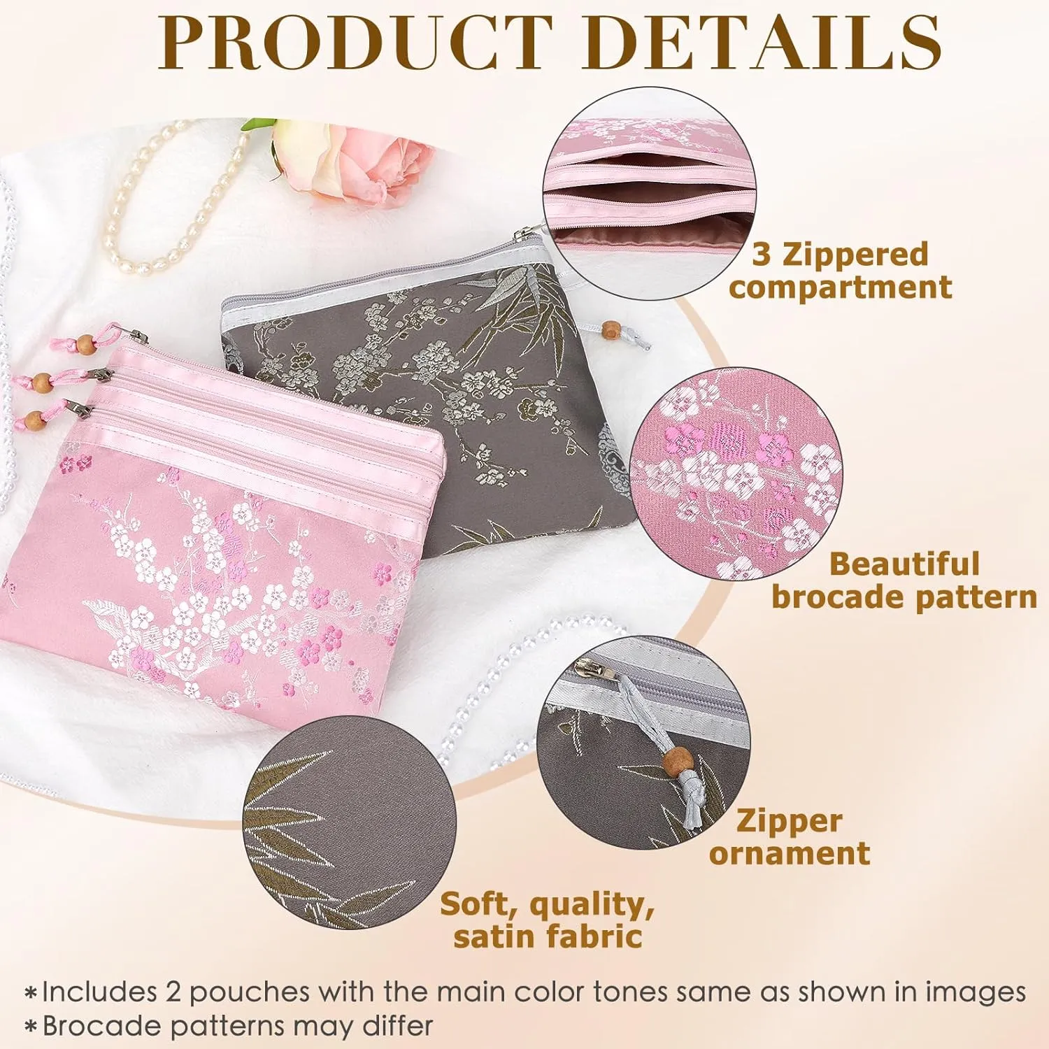kilofly 2 pc Chinese Silk Brocade 3 Zipper Pocket Tassel Jewelry Bag Gift Pouch