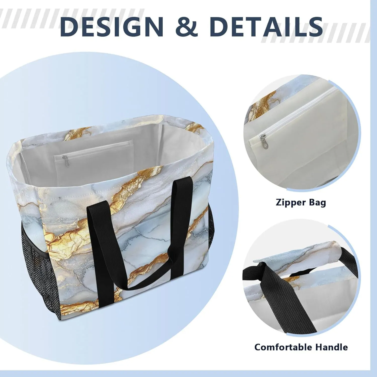 KLL Utility Beach Tote with Handles Collapsable With Compartments Reuseable Shopping Bags