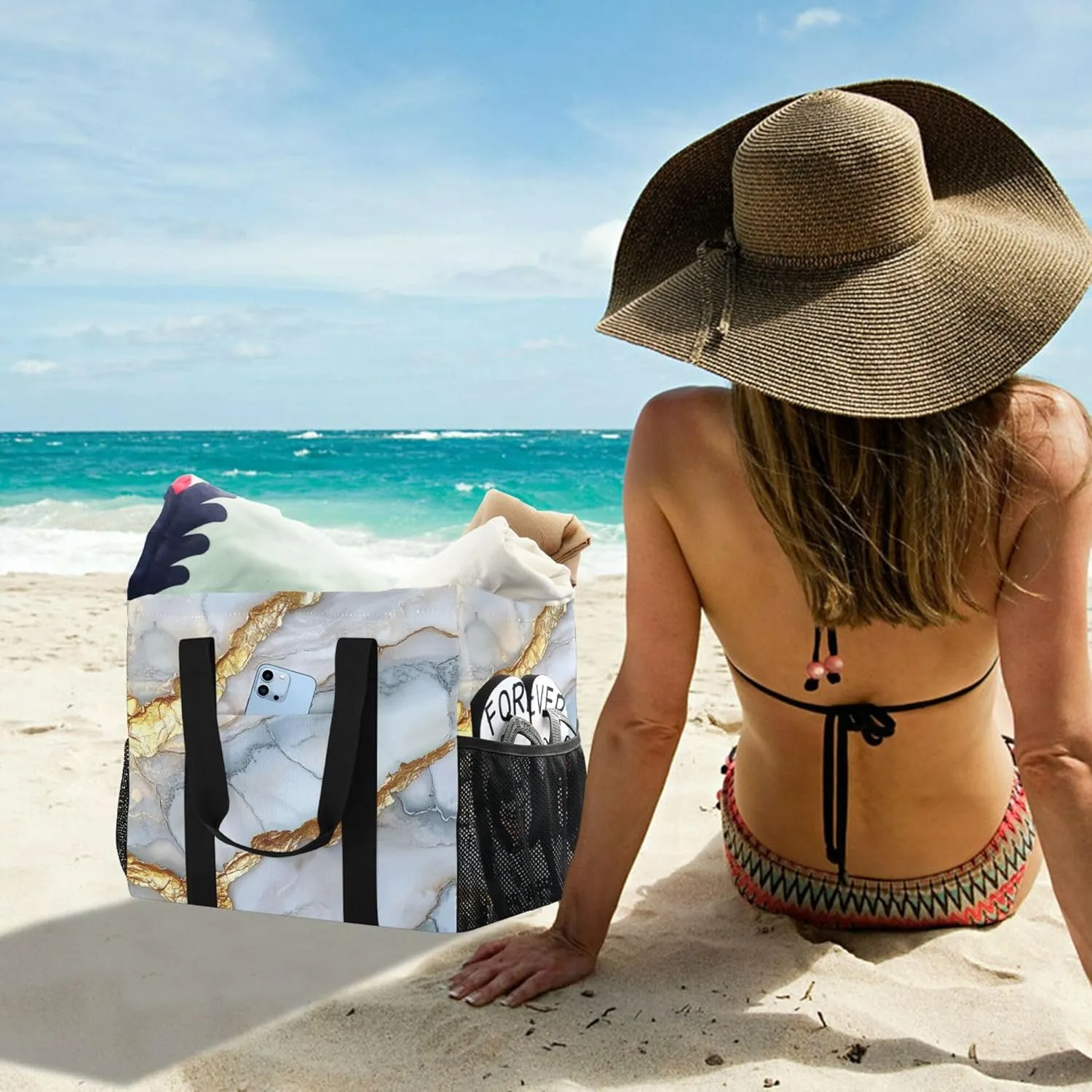 KLL Utility Beach Tote with Handles Collapsable With Compartments Reuseable Shopping Bags
