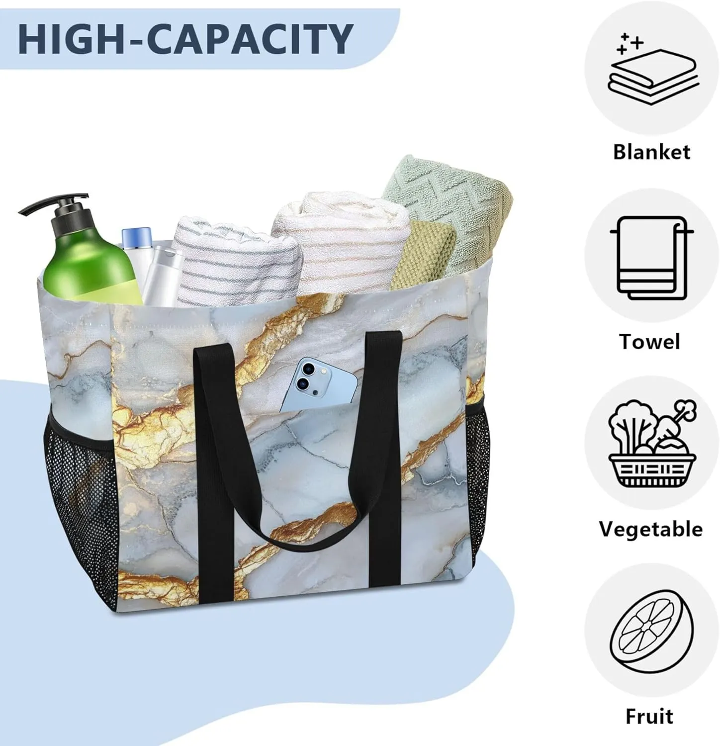 KLL Utility Beach Tote with Handles Collapsable With Compartments Reuseable Shopping Bags