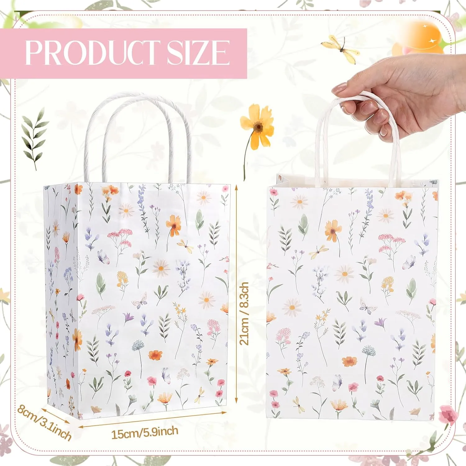 Kolldenn 24 Pcs Welcome Bags for Wedding Hotel Guests Birthday Party Paper Gift Bags with Handles for Bridal Baby Shower Birthday Party Favor, 8.3'' x 5.9'' x 3.1''(Wildflower)
