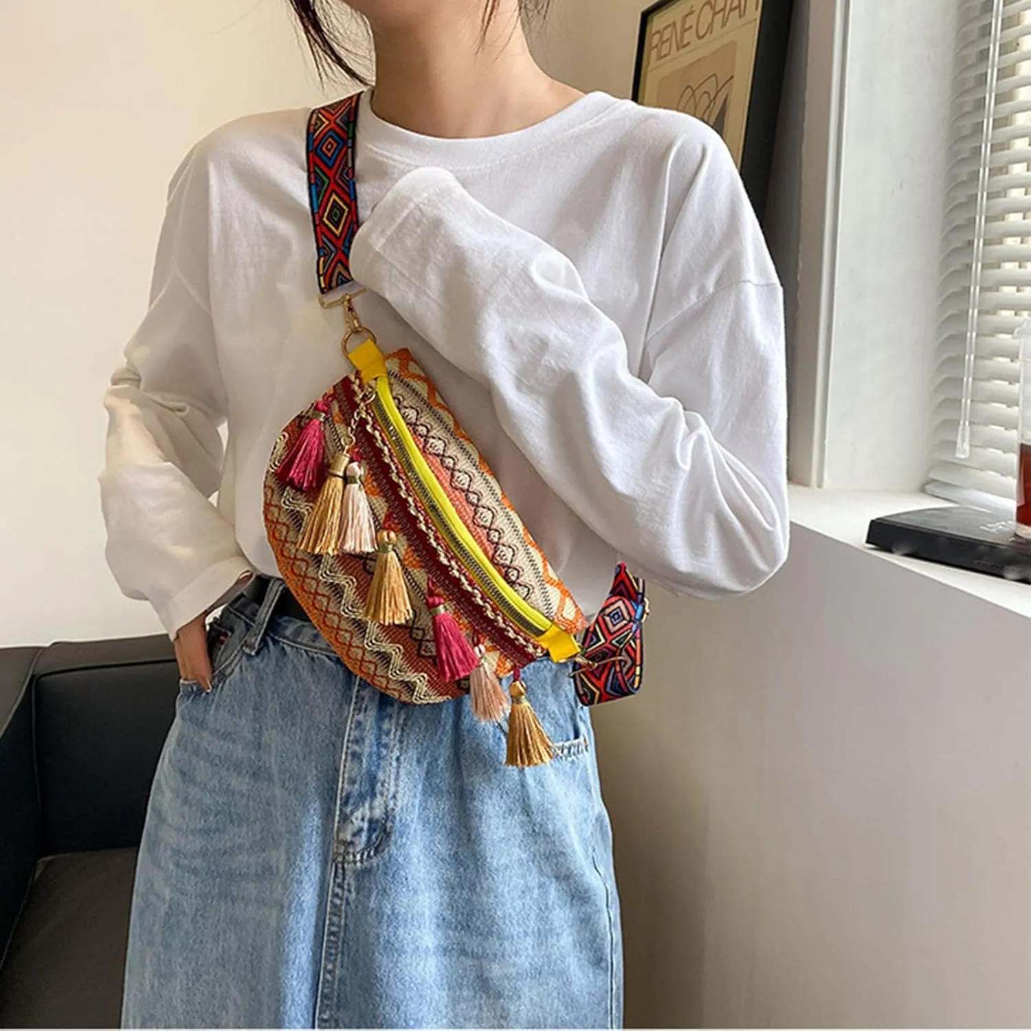 Laptop Shoulder Bag Women's New Ethnic Tassel Pendant Fashion Shoulder Bags Chest Bag Handbags for (Yellow, One Size)