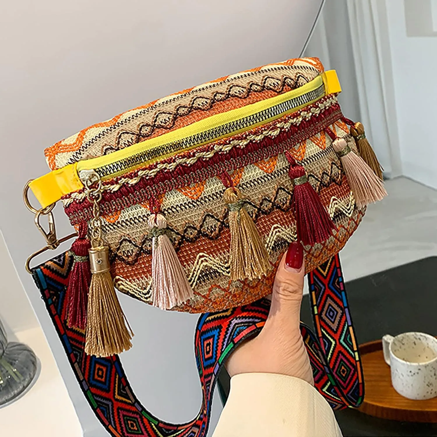 Laptop Shoulder Bag Women's New Ethnic Tassel Pendant Fashion Shoulder Bags Chest Bag Handbags for (Yellow, One Size)