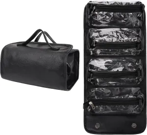 Large Capacity Makeup Bag, Portable 4-in-1 Foldable Cosmetic Bag, Waterproof Travel Makeup Organizer with Detachable Design (Black)