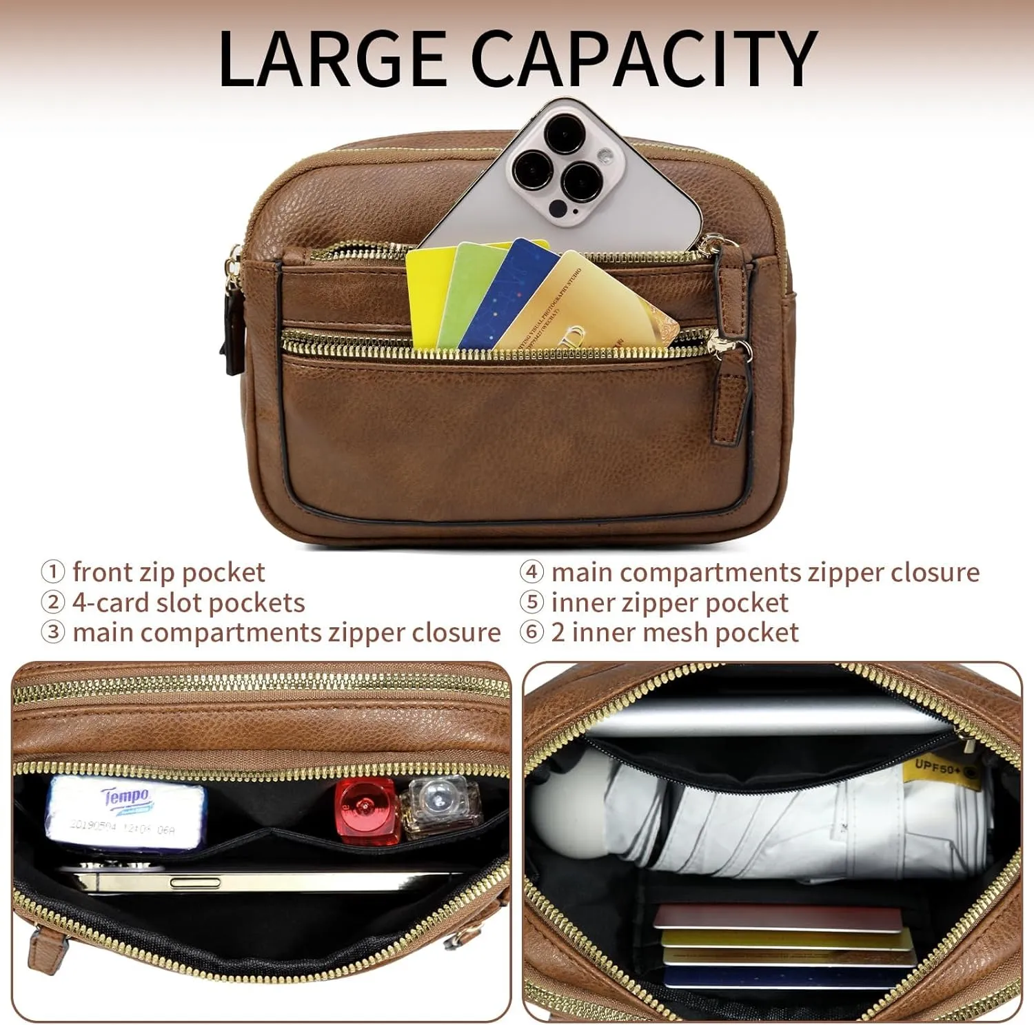 Leather Fanny Pack for Women Men Belt Bag with Multi-function Pocket, Crossbody Fanny Packs for Women Fashion Waist Packs with Adjustable Straps Cross Body Bag Travel Chest Bag