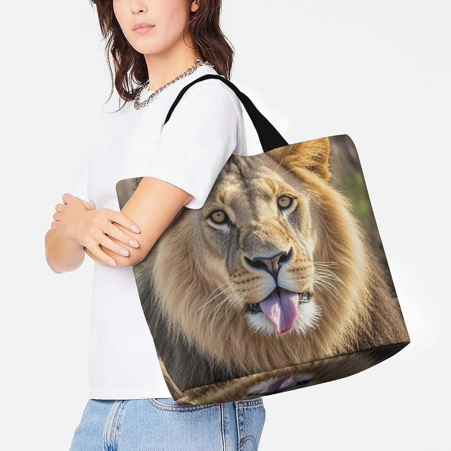 Lion Sticks Out Tongue Beach Bag Reusable Tote Bag Foldable Grocery Bags Women Shopping Bags for Daily Essentials
