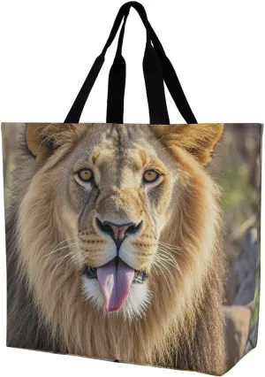 Lion Sticks Out Tongue Beach Bag Reusable Tote Bag Foldable Grocery Bags Women Shopping Bags for Daily Essentials