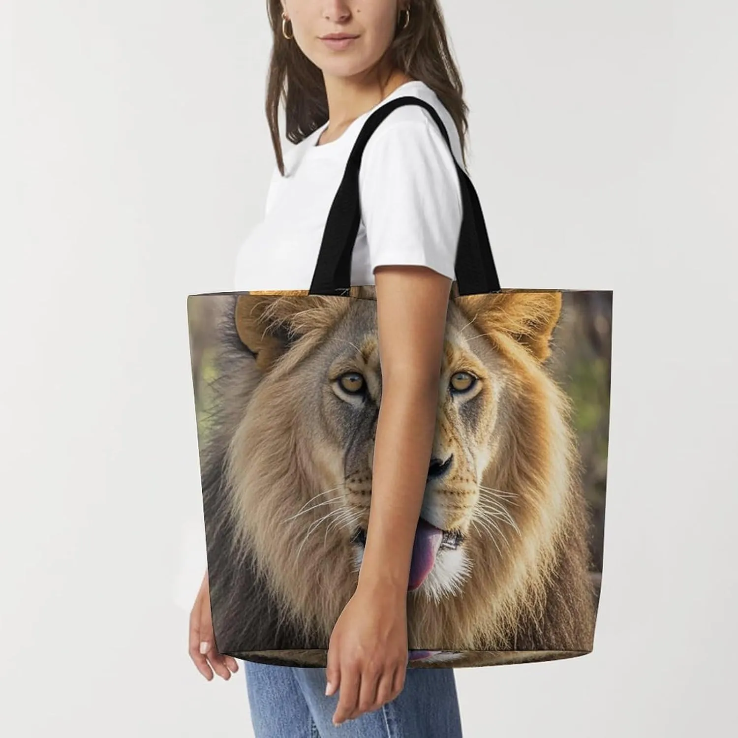 Lion Sticks Out Tongue Beach Bag Reusable Tote Bag Foldable Grocery Bags Women Shopping Bags for Daily Essentials