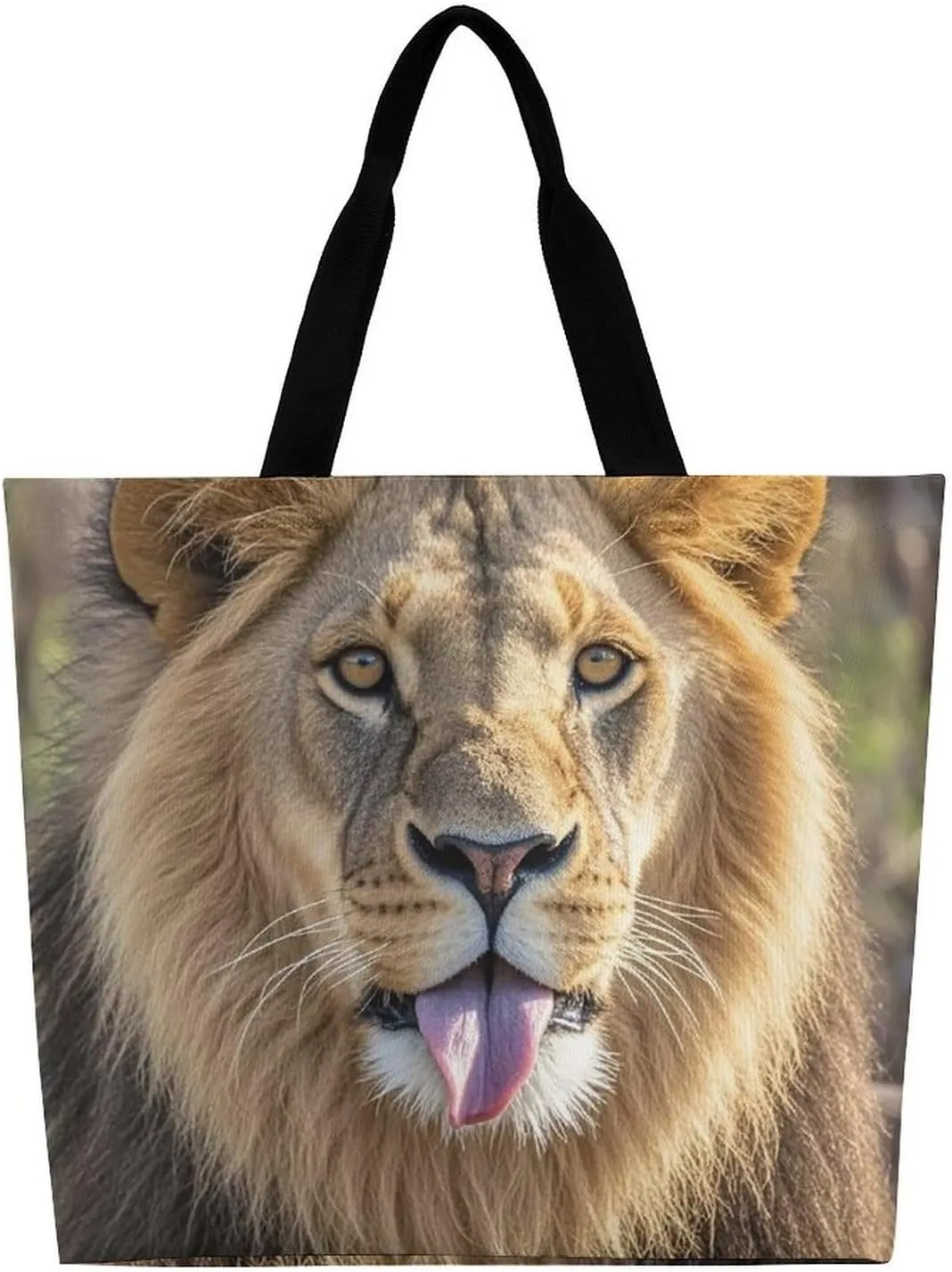Lion Sticks Out Tongue Beach Bag Reusable Tote Bag Foldable Grocery Bags Women Shopping Bags for Daily Essentials
