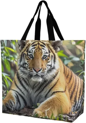 Lion Sticks Out Tongue Beach Bag Reusable Tote Bag Foldable Grocery Bags Women Shopping Bags for Daily Essentials