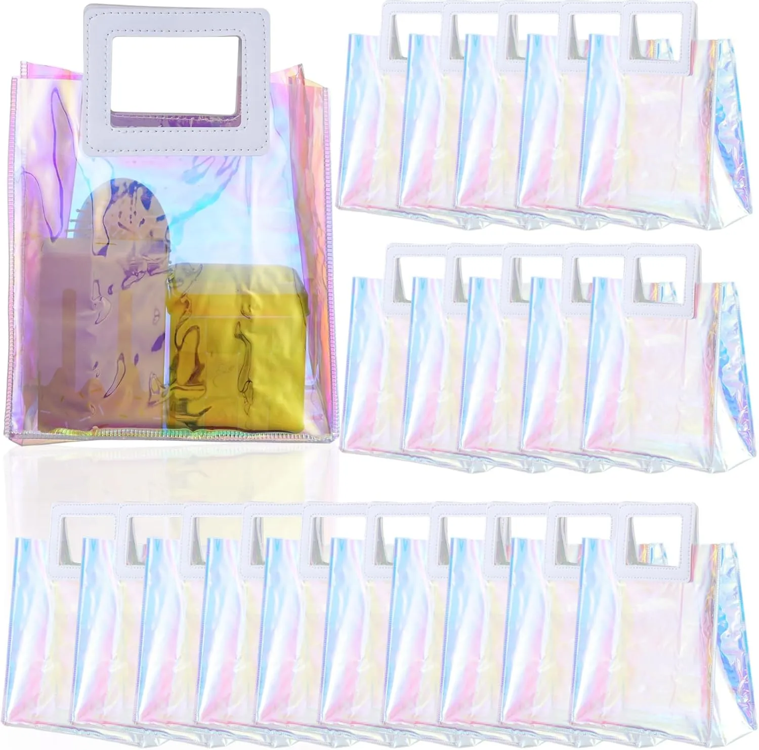 Lnrueg 20 Pcs Holographic Tote Bags, 7''x4''x8'' Clear PVC Tote Bags with Handles, clear holographic bag, Reusable Iridescent Gift Bags for Women Girl Wedding Party Shopping