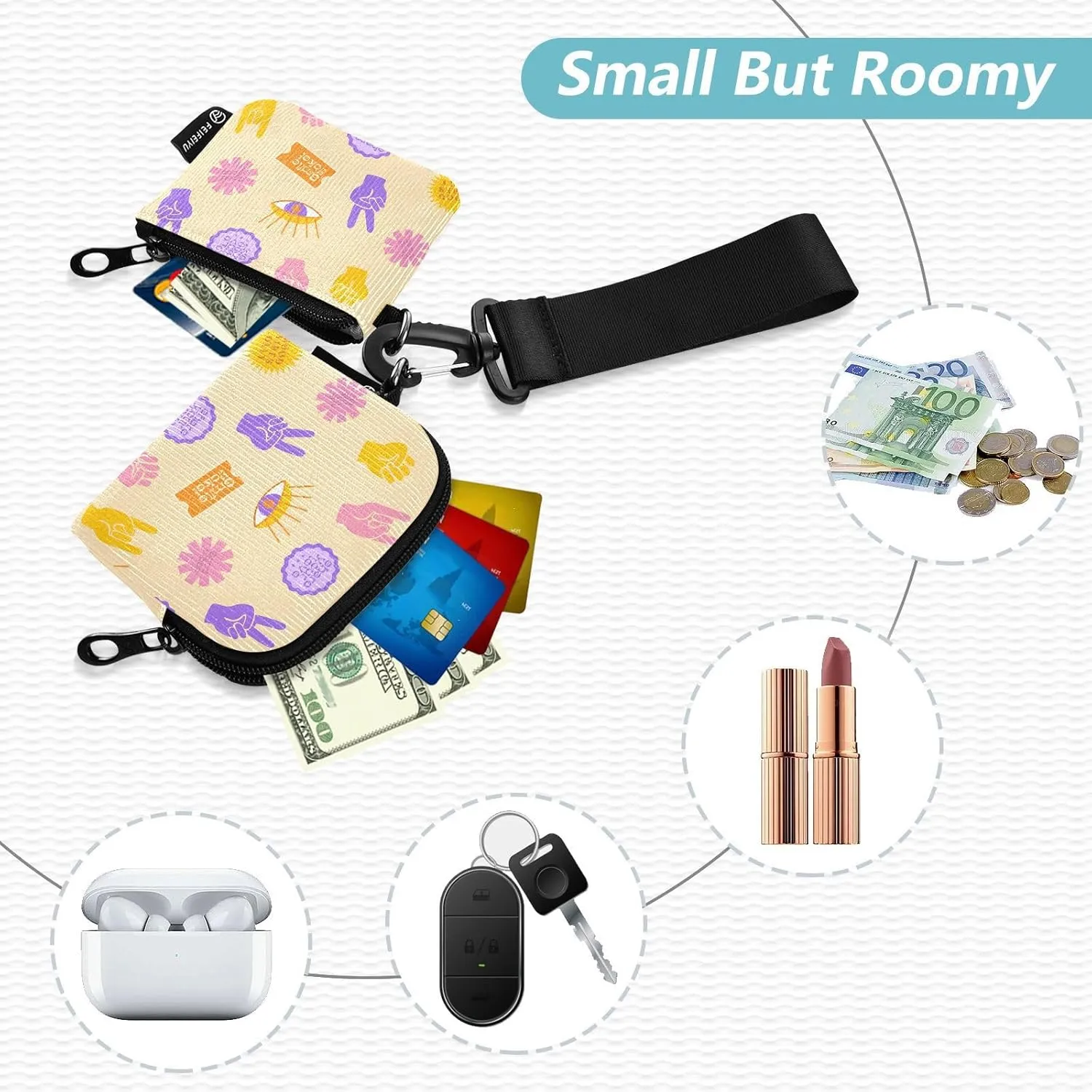 Mini Around Wristlet Keychain Dual Pouch Wallets for Women's Mini Coin Purse Pouch Pattern 1