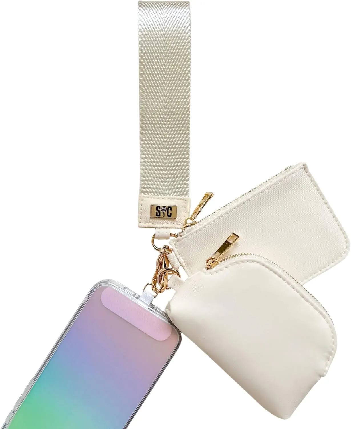 Mini Dual Pouch Wristlet Wallet with Phone Tether | Hands Free | Detachable | Zipper Coin Purse (Nude)