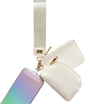 Mini Dual Pouch Wristlet Wallet with Phone Tether | Hands Free | Detachable | Zipper Coin Purse (Nude)