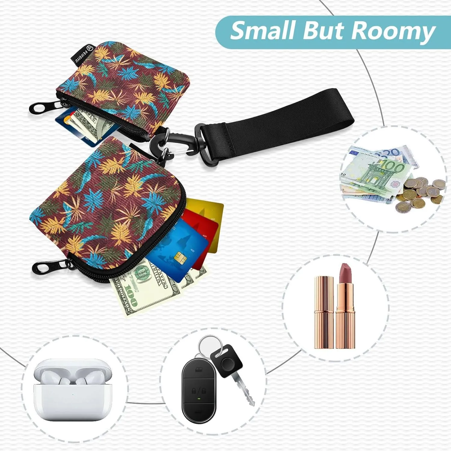 Mini Small Zip Around Wristlet Keychain Wallet Coin Purse Portable Dual Pounch Wristlet Detachable Women,pattern 12