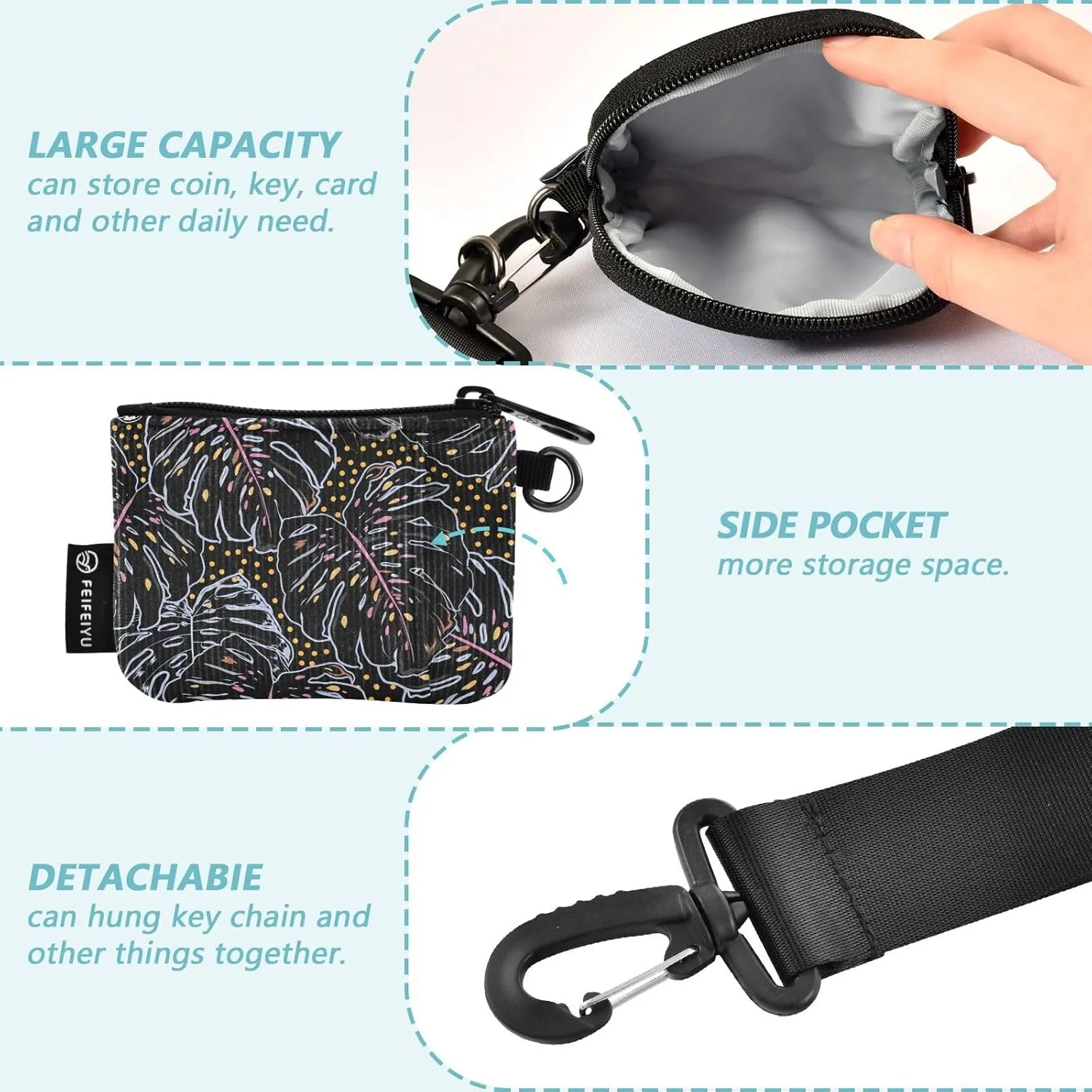 Mini Small Zip Around Wristlet Keychain Wallet Coin Purse Portable Dual Pounch Wristlet Detachable Women,pattern 1