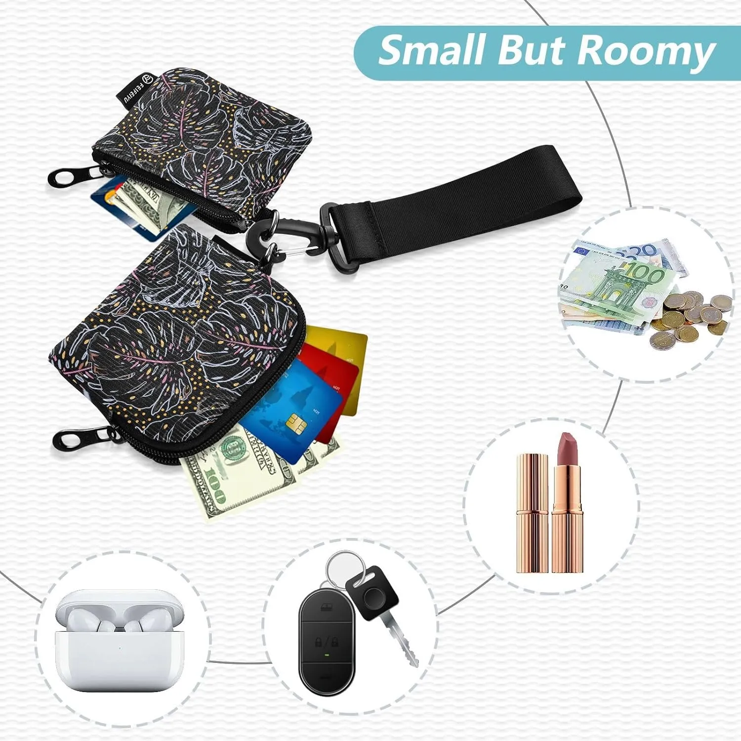 Mini Small Zip Around Wristlet Keychain Wallet Coin Purse Portable Dual Pounch Wristlet Detachable Women,pattern 1