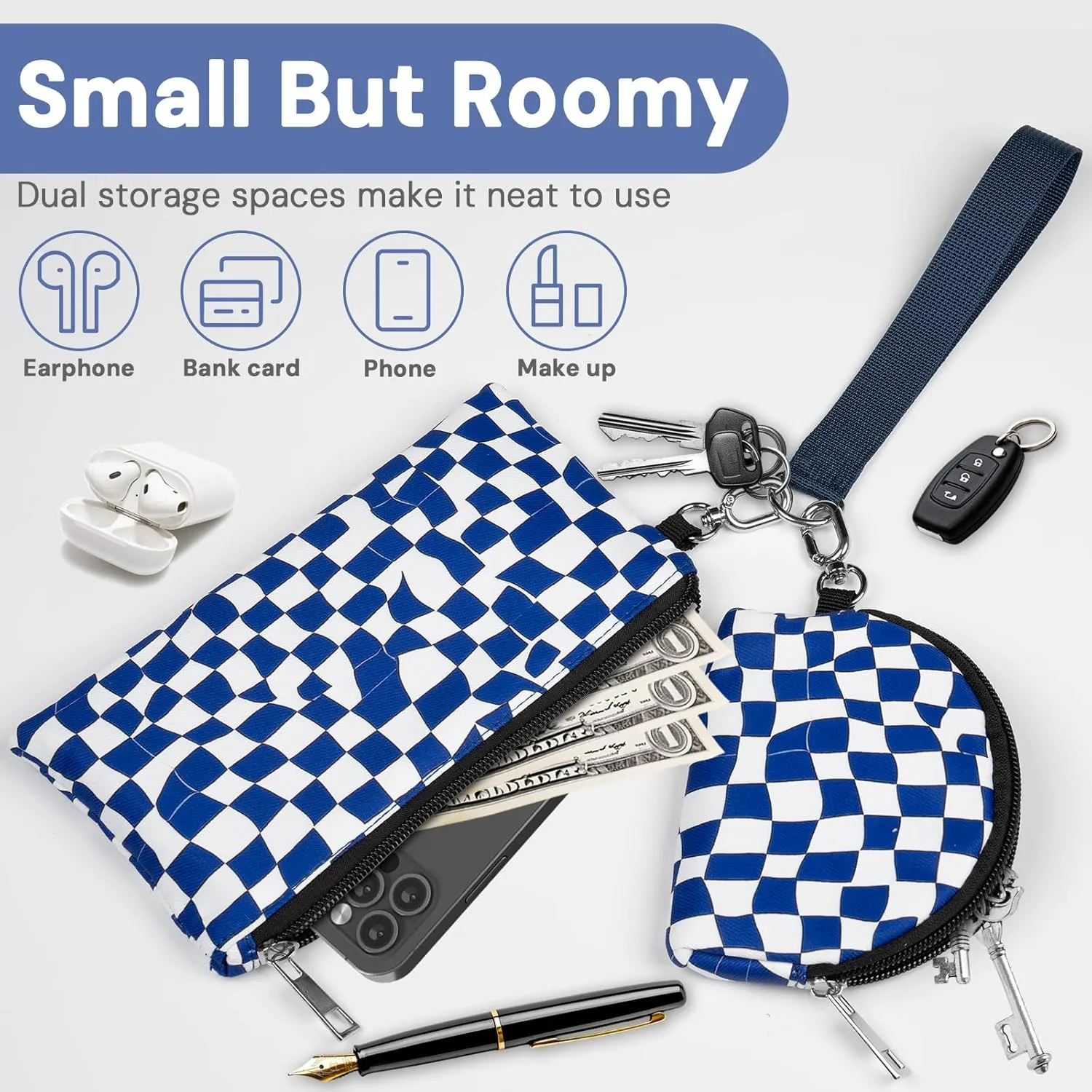 Mini Zip Around Keychain Wristlet Wallet  Large Capacity Dual Pouch Detachable Coin Purse with Keychain, Fits Phone