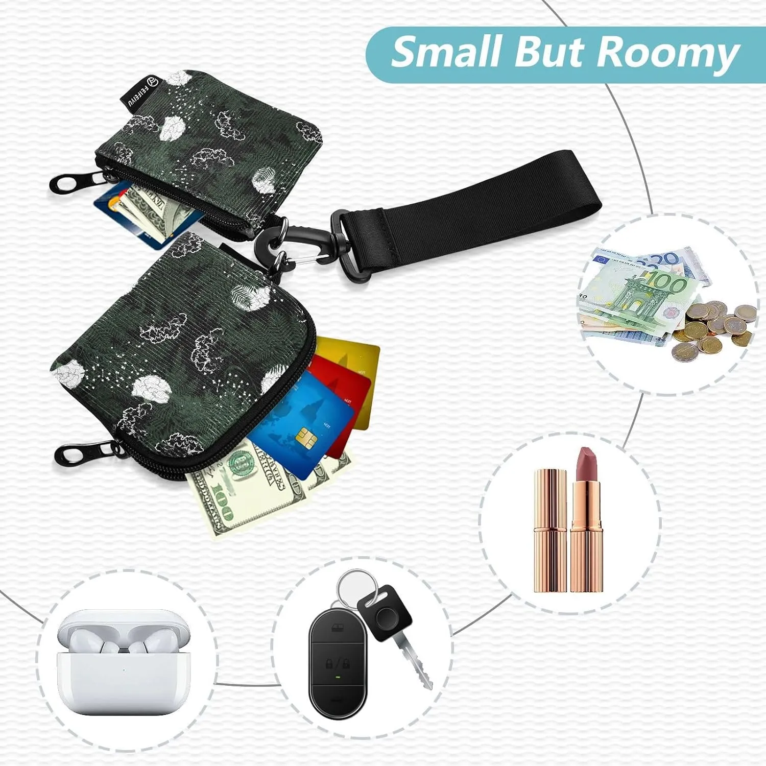 Mini Zip Around Wristlet Keychain Coin Purse Wallet Detachable Dual Pouch Card Cases Portable for Women Men,pattern 10