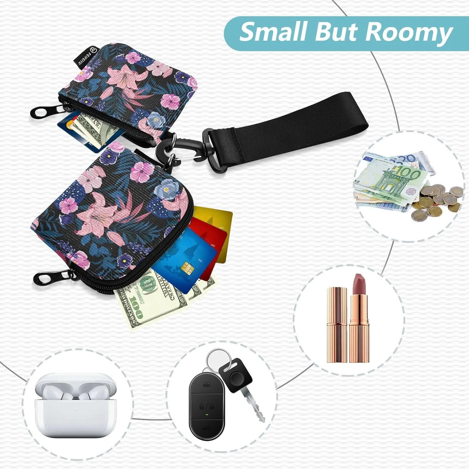 Mini Zip Around Wristlet Keychain Wallet Detachable Dual Pouch Card Cases Portable Coin Purse for Women Men,pattern 10