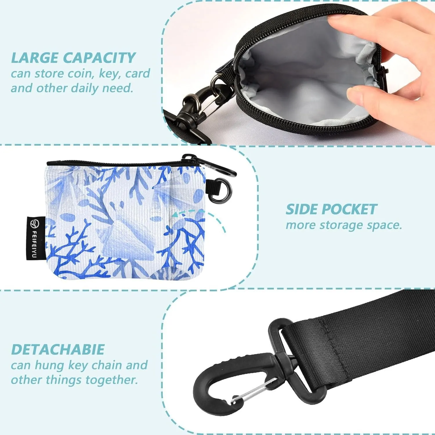 Mini Zip Around Wristlet Wallets For Women Detachable Dual Pouch Wristlet Portable Coin Purse Flowers and Plants(blue)
