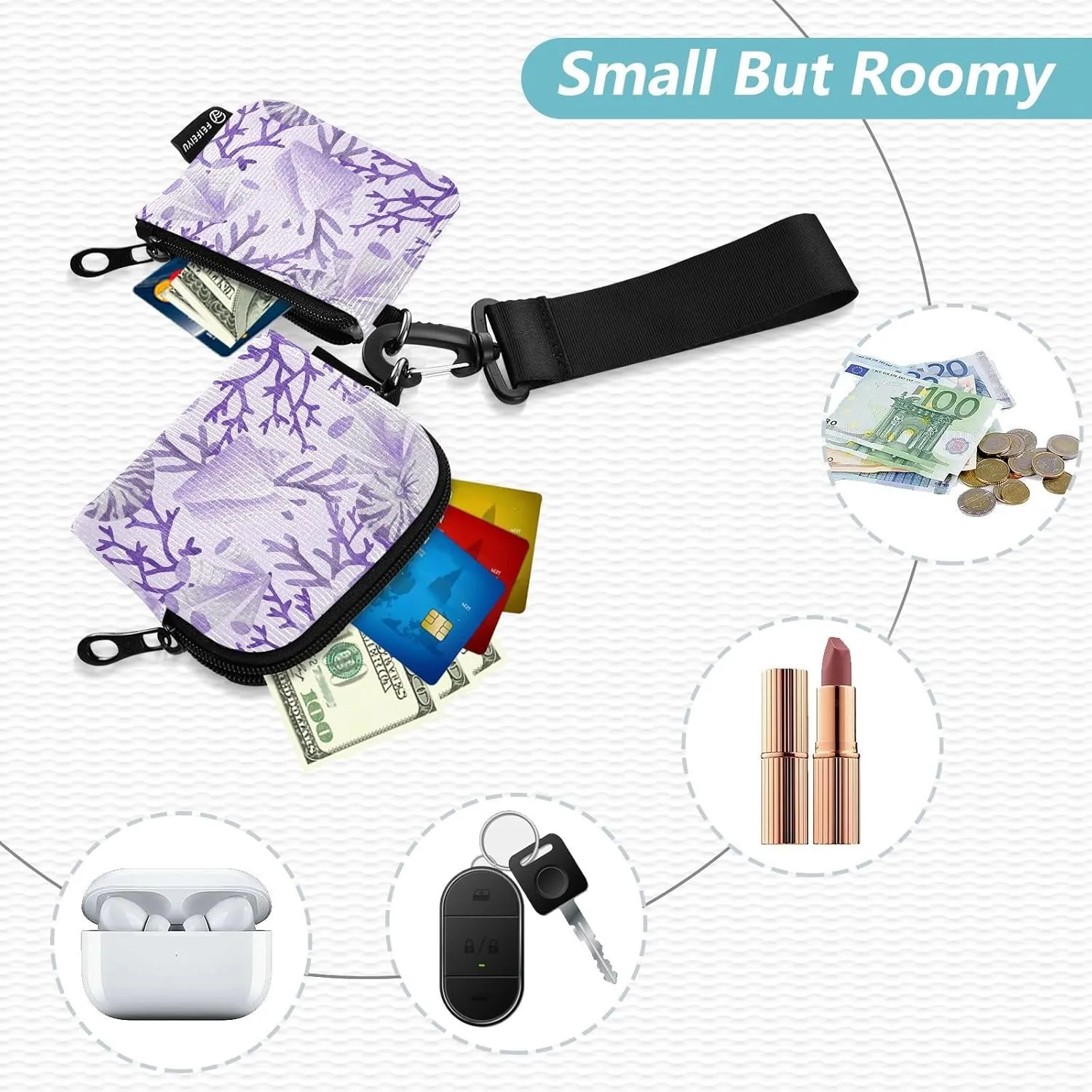 Mini Zip Around Wristlet Wallets For Women Detachable Dual Pouch Wristlet Portable Coin Purse Flowers and Plants(purple)