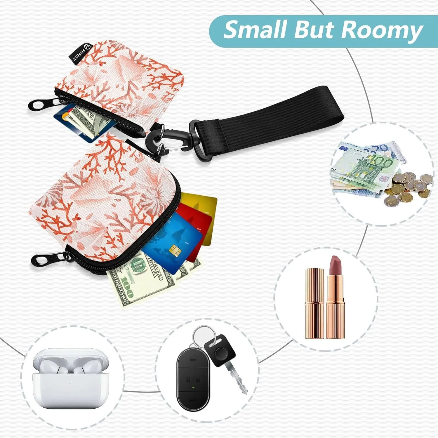 Mini Zip Around Wristlet Wallets For Women Detachable Dual Pouch Wristlet Portable Coin Purse Flowers and Plants(red)