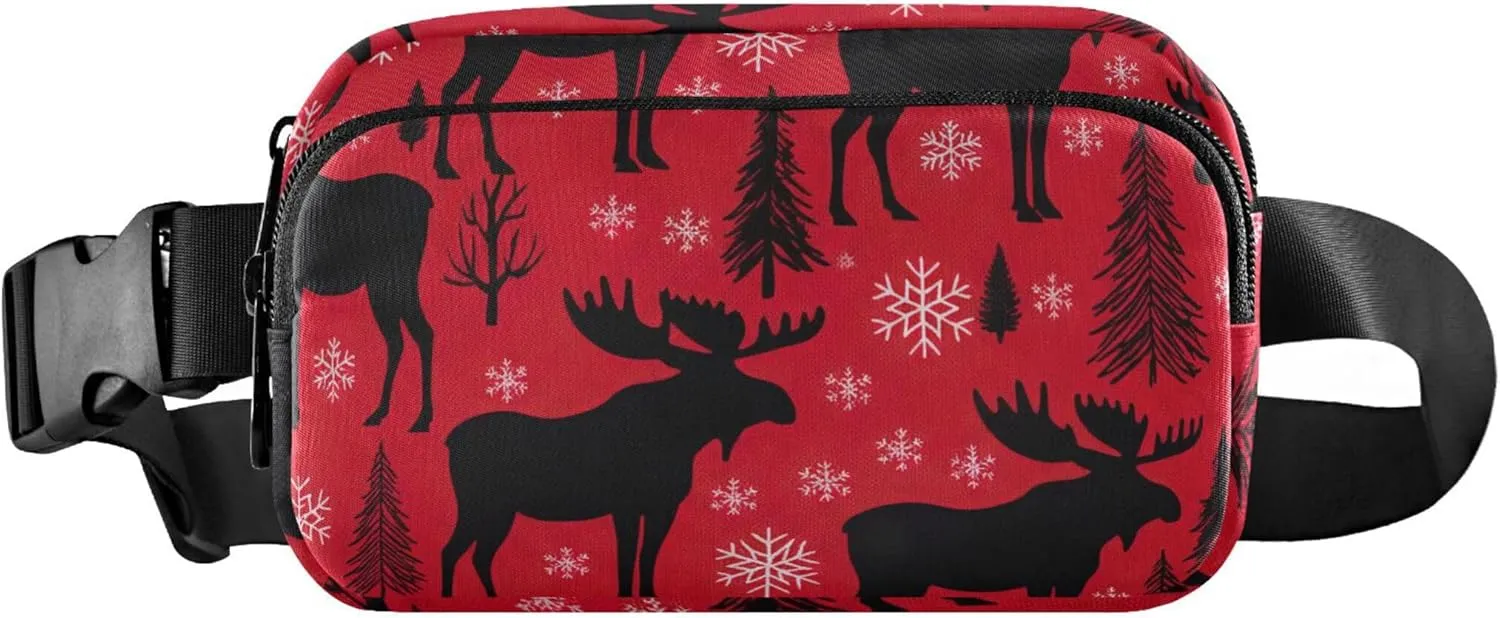 Moose Snowflakes Pine Red Fanny Packs Women Everywhere Belt Bag Waterproof Cartoon Waist Pouches for Men