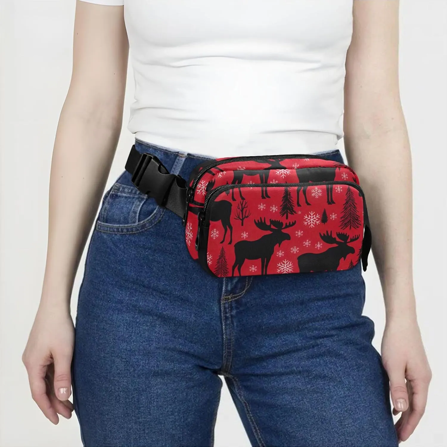 Moose Snowflakes Pine Red Fanny Packs Women Everywhere Belt Bag Waterproof Cartoon Waist Pouches for Men
