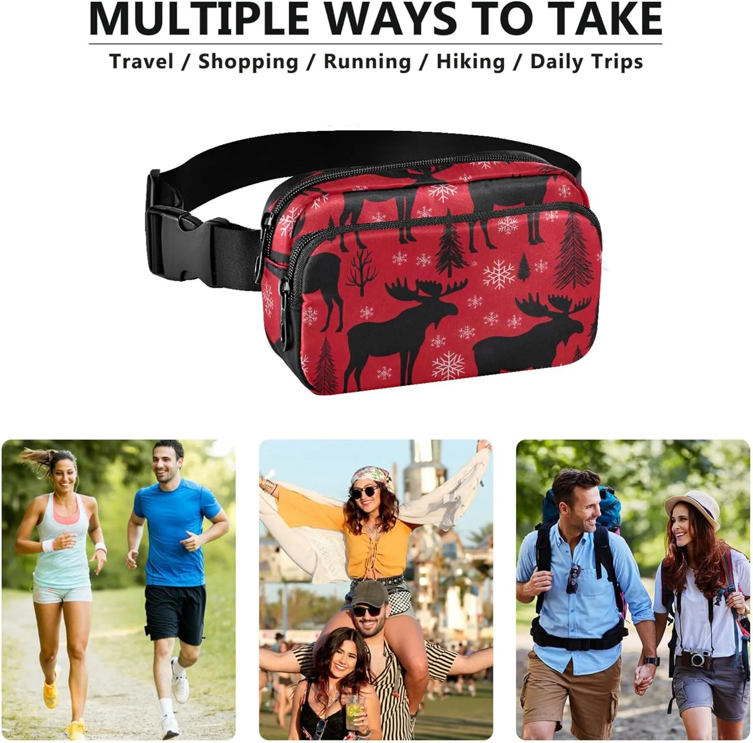 Moose Snowflakes Pine Red Fanny Packs Women Everywhere Belt Bag Waterproof Cartoon Waist Pouches for Men