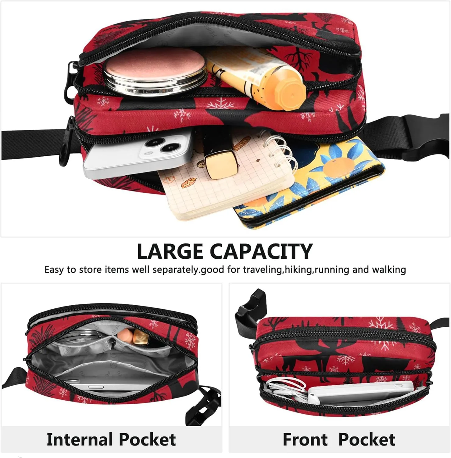 Moose Snowflakes Pine Red Fanny Packs Women Everywhere Belt Bag Waterproof Cartoon Waist Pouches for Men