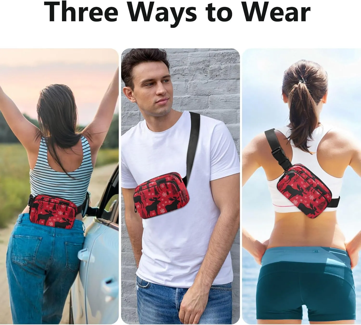 Moose Snowflakes Pine Red Fanny Packs Women Everywhere Belt Bag Waterproof Cartoon Waist Pouches for Men