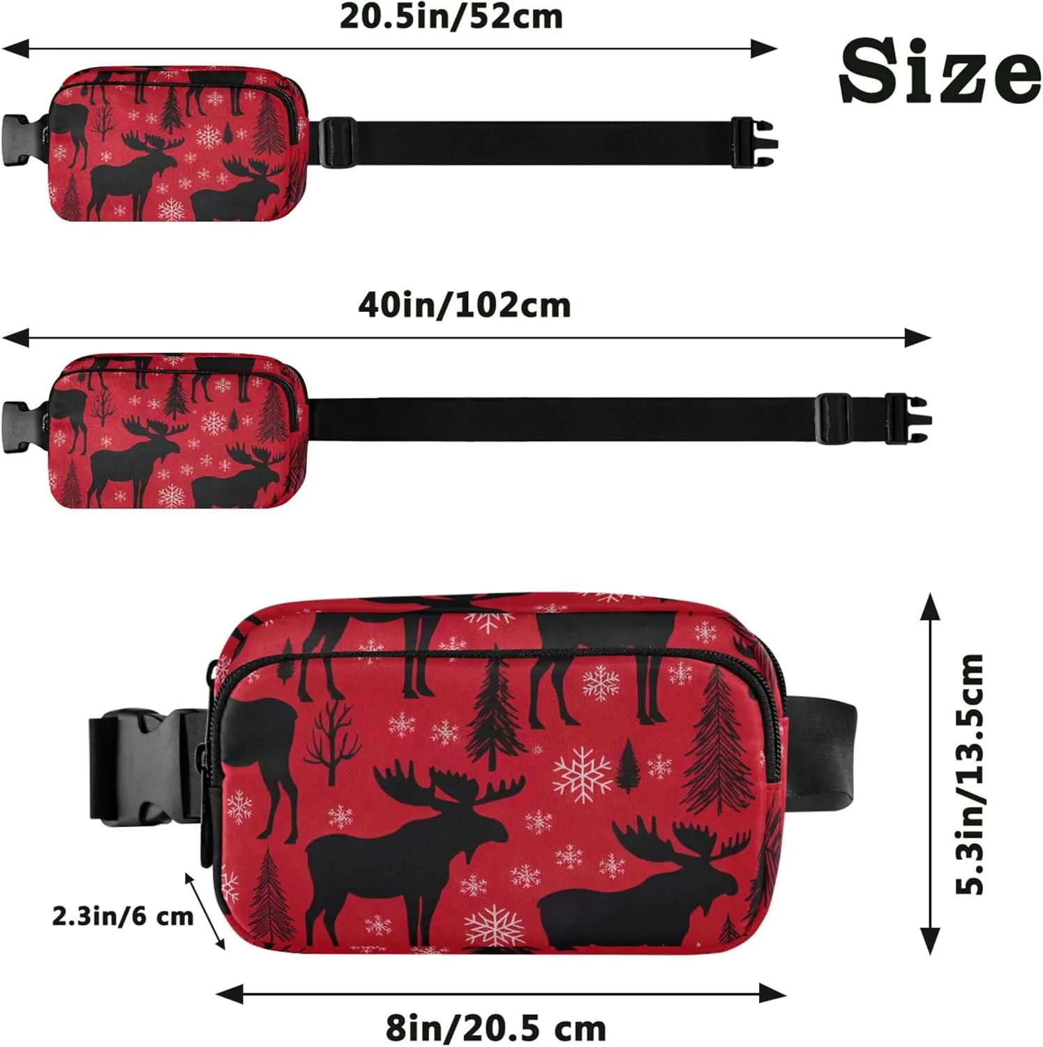Moose Snowflakes Pine Red Fanny Packs Women Everywhere Belt Bag Waterproof Cartoon Waist Pouches for Men