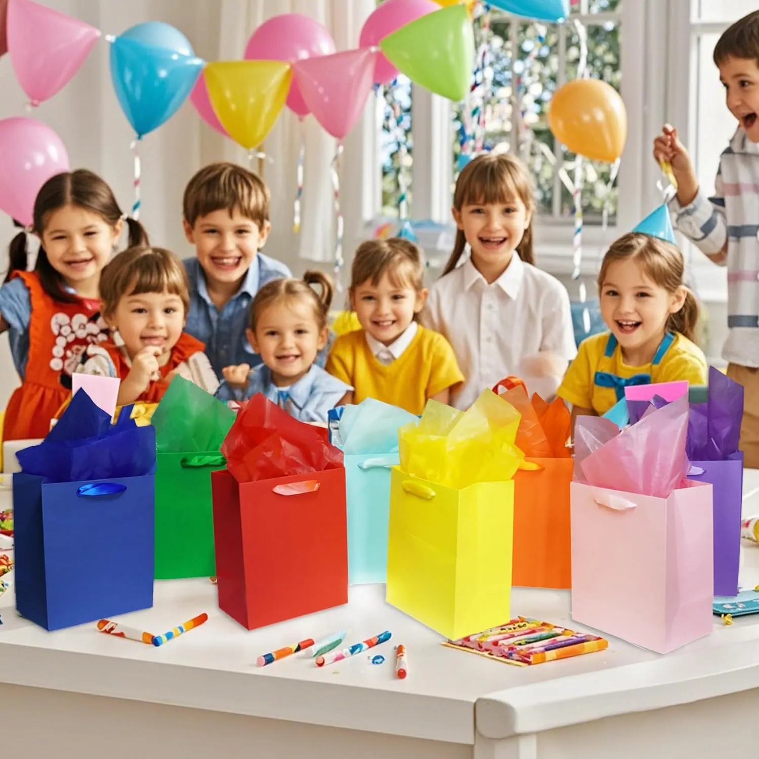MOXARYSU 8 Pcs Medium Gift Bags With Handles: 8x5x10 Rainbow Colour Gift Bags Kraft Paper Party Favor Bags With 16 Tissues For Party,Birthday,Baby Shower,Wedding8 Colors