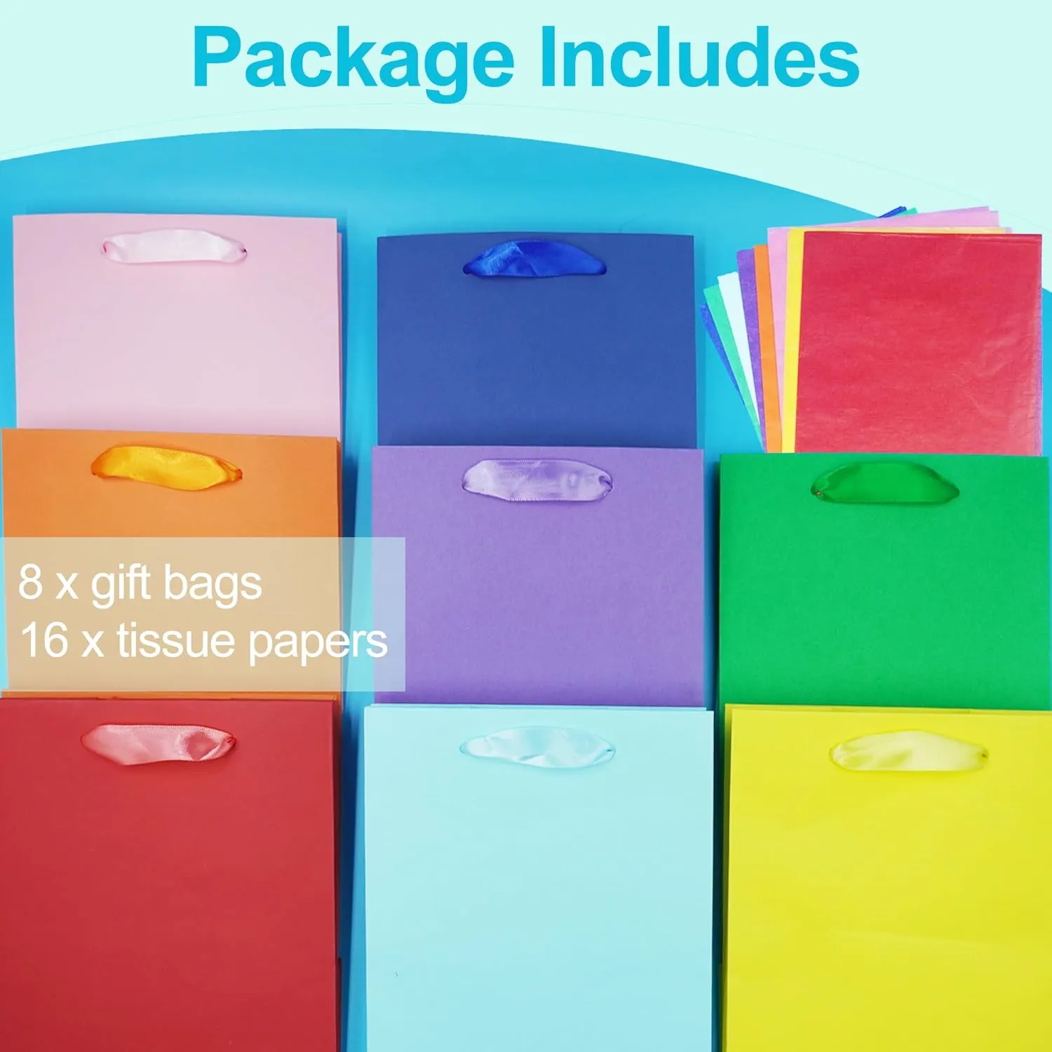 MOXARYSU 8 Pcs Medium Gift Bags With Handles: 8x5x10 Rainbow Colour Gift Bags Kraft Paper Party Favor Bags With 16 Tissues For Party,Birthday,Baby Shower,Wedding8 Colors